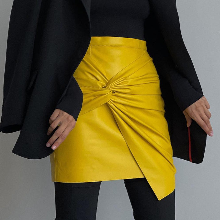 Women Clothing Autumn Winter Street Ruffle Hip Skirt Leather Skirt-Yellow-Fancey Boutique