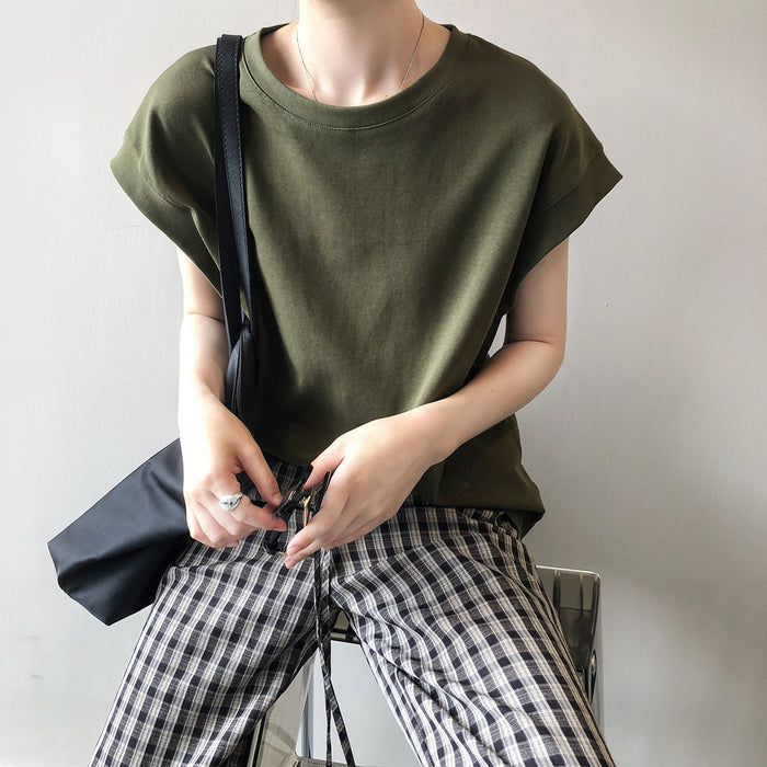 Sleeveless Design T shirt for Women Spring Summer Solid Color Round Neck Loose Slimming Vest Top-Army Green-Fancey Boutique