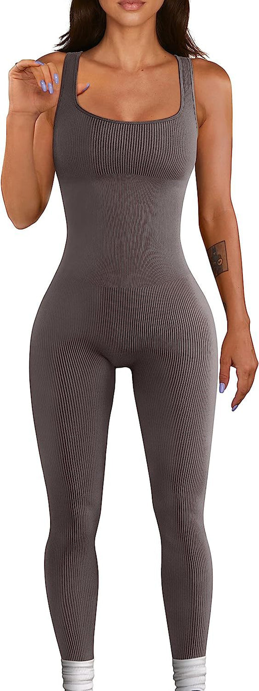 Color-Dark Grey-Summer Sexy Women Yoga Jumpsuit Ribbed Square Collar Sleeveless Sports Jumpsuit Trousers-Fancey Boutique