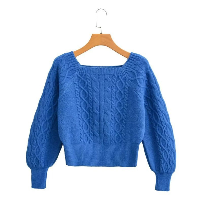 Color-royal blue-Soft Glutinous Cable Knit Sweater Women Autumn Winter Sweet Idle Design Square Collar Short Sweater-Fancey Boutique