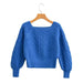 Color-royal blue-Soft Glutinous Cable Knit Sweater Women Autumn Winter Sweet Idle Design Square Collar Short Sweater-Fancey Boutique