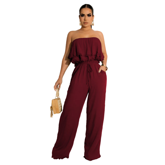 Color-Burgundy-Women Clothing Solid Color Sleeveless Casual Wrapped Chest Ruffled Jumpsuit-Fancey Boutique