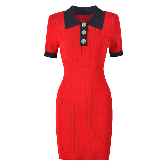 Color-Red-High Quality Knitted Material Collared Slim Slimming Short Sleeve Dress-Fancey Boutique