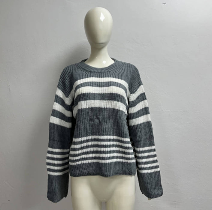 Striped Contrast Color Knitwear Casual All Matching Tops Pullover Women-Gray-Fancey Boutique