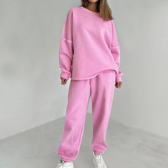 Color-Pink-Pink round Collar Sports Brushed Hoody High Waist Sweatpants Autumn Women Clothing-Fancey Boutique