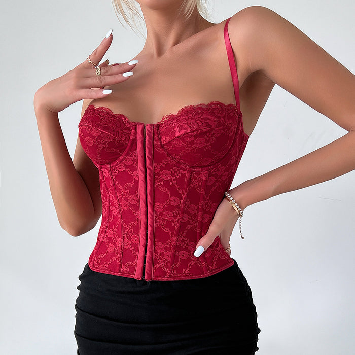 Color-Burgundy-Women Clothing Sexy Solid Color Lace Sling Boning Corset Steel Ring Wrapped Chest Breasted Backless Vest-Fancey Boutique