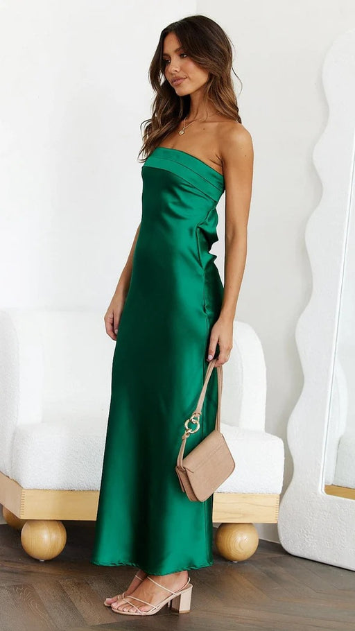 Color-Green-Spring Summer Elegant Socialite Satin Hollow Out Cutout Backless Tube Top Dress Length-Fancey Boutique