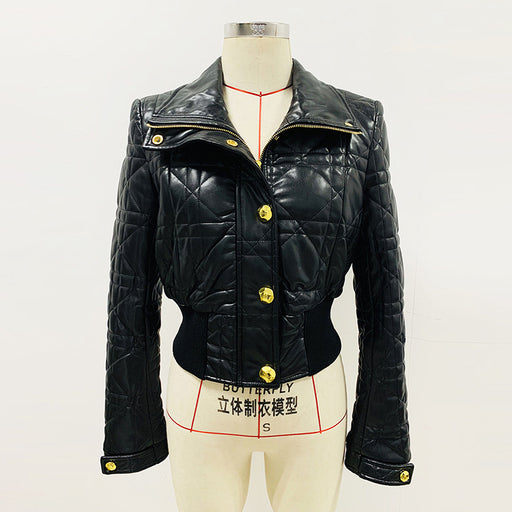 Color-Black-Goods Star Locomotive Slim Fit Waistline Plaid Short Leather Jacket Coat-Fancey Boutique