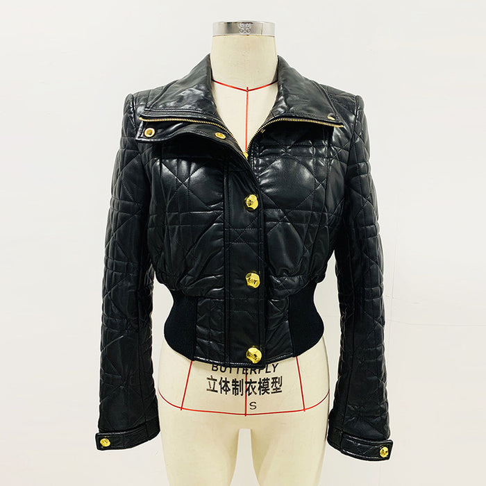 Color-Black-Goods Star Locomotive Slim Fit Waistline Plaid Short Leather Jacket Coat-Fancey Boutique