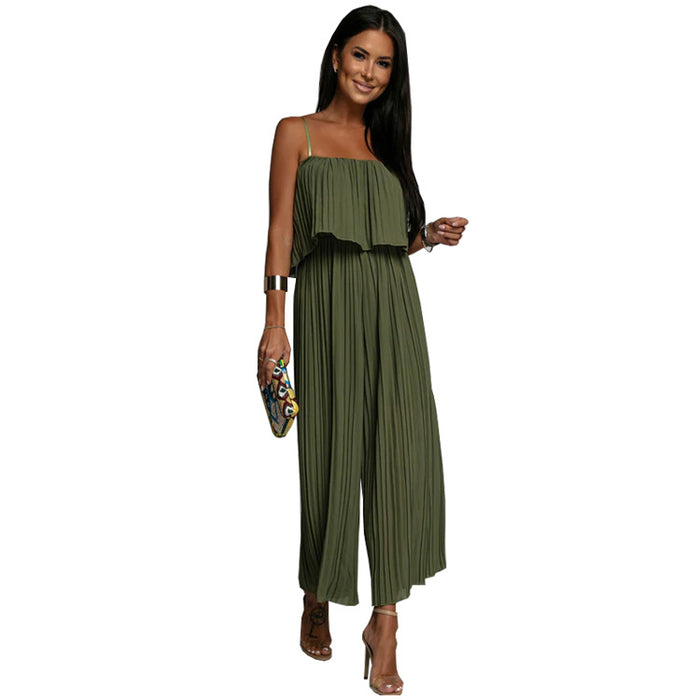 Color-Green-Women Clothing Strap Tube Top Pleated Loose Jumpsuit-Fancey Boutique