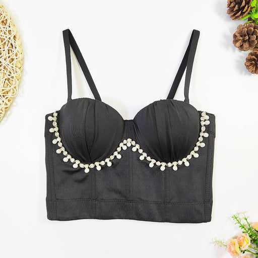 Fashionable All Match Pearl Drill Chain Boning Corset Bra Outer Wear With Steel Ring Comfortable Back Shaping Pleated Carnival Tube Top-Black-Fancey Boutique