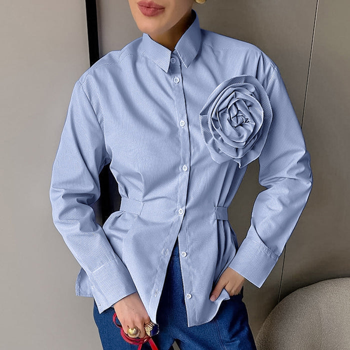 Autumn Casual Striped Blue Floral Slim Fit Long Sleeved Polyester Cotton Shirt Russian Office All Matching Shirt Women-Fancey Boutique