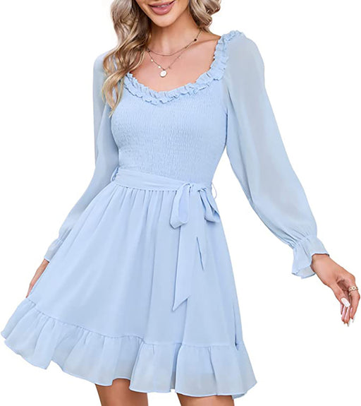 Color-Light Blue-Early Spring Chiffon Dress Women Ruffled V neck Fitted Waist Sweet A line Dress-Fancey Boutique