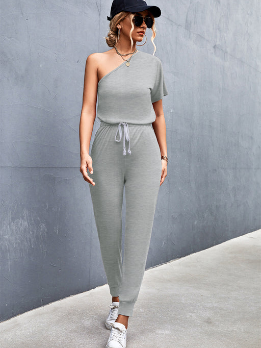 Color-Gray-Women Clothing Diagonal Shoulder Jumpsuit-Fancey Boutique