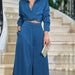 Color-Blue-Autumn Winter Women Pleated Long Sleeved Shirt High Waist Loose Wide Leg Pants Casual Suit Women-Fancey Boutique