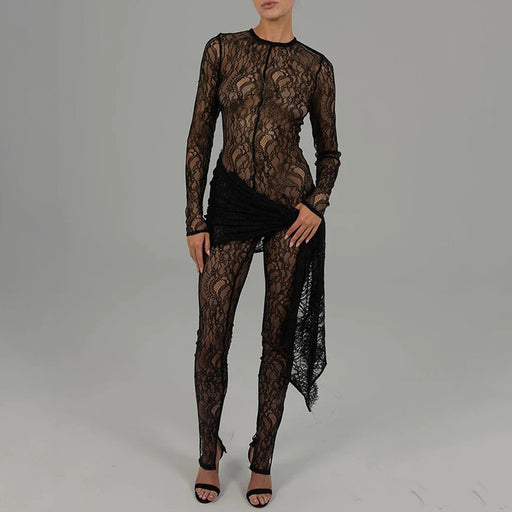 Color-Black-Fall Sexy Hollow Out Cutout Lace Sheer Long Sleeve Slim Fit Patchwork Jumpsuit for Women-Fancey Boutique
