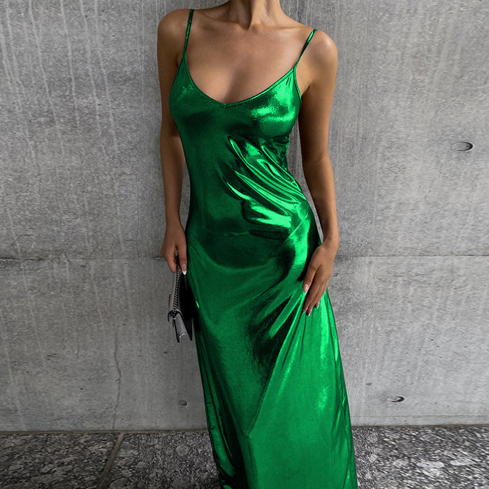 Autumn Metallic Sexy Sling A Swing Mid Length Women Dress Women Formal Dress-Green-Fancey Boutique