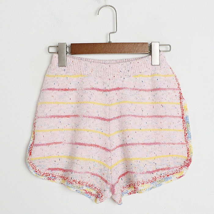 Color-Multi-Colored Stripe Shorts DZ Pink-Classic Pink Sweet Knitted Two Piece Summer Autumn Striped Color Matching Cardigan Shorts sets-Fancey Boutique