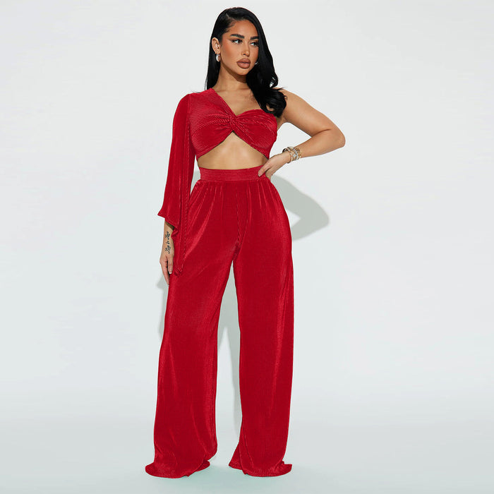 Color-Red-Autumn Sexy Shoulder Long Sleeve Top Trousers Two Piece Set-Fancey Boutique