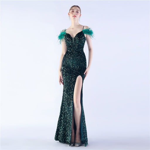 Color-Green-Craft Order Ostrich Feather High Density Sequined Long Evening Dress-Fancey Boutique