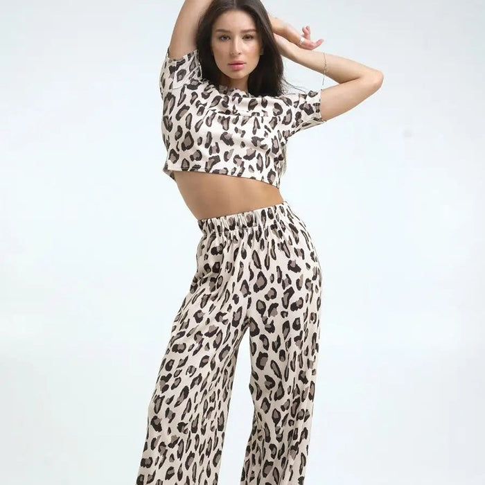 Slim Fit Crop Top Trousers Home Wear Leopard Print Pajamas Women Two Piece Set Can Be Worn outside-Apricot-Fancey Boutique