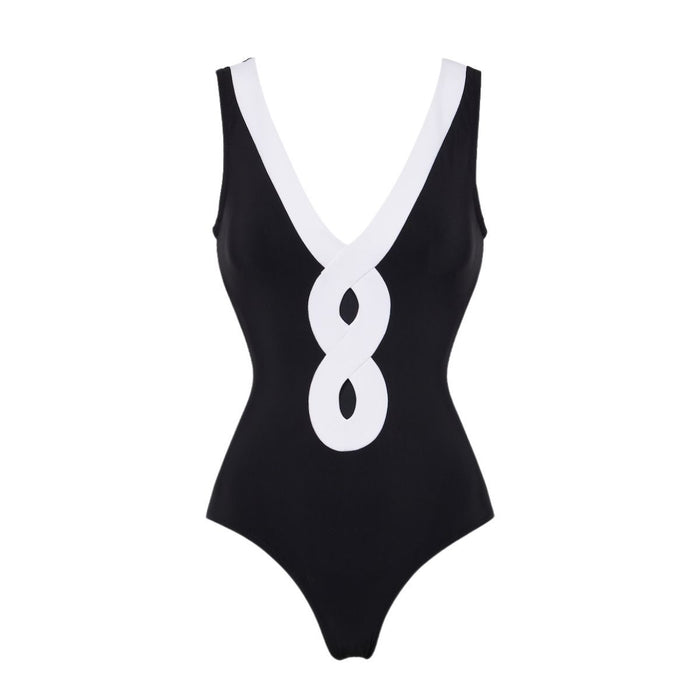 Black White Simple Hollow Out Cutout Out Swimsuit Women Skirt Set-Black V-neck Swimsuit-Fancey Boutique