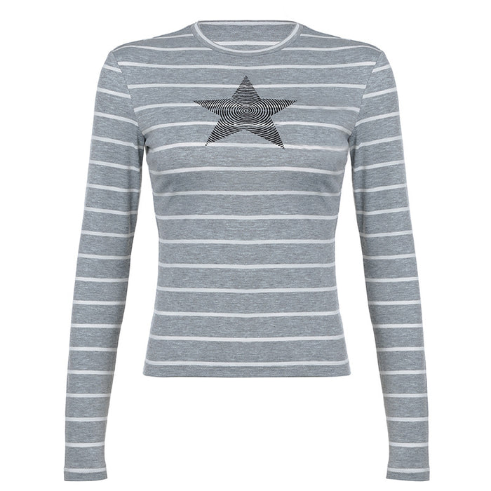 Vintage Stripe Five Pointed Star Printed Crew Neck Casual T Shirt Early Autumn Minority All Match Design Basic Long Sleeve-Gray-Fancey Boutique