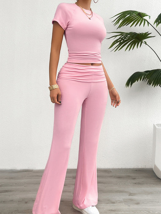 Women Clothing Spring Summer Casual Solid Color Slim Fit Short Sleeve Trousers Set-Pink-Fancey Boutique