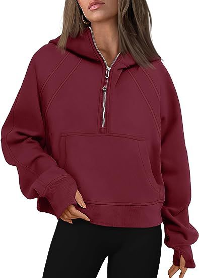 Color-Burgundy-Women Clothing Half Zipper Hooded Sweatshirt Loose Short Velvet Sweater-Fancey Boutique