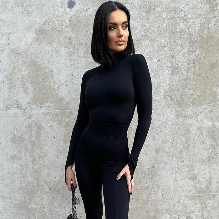 Color-Black-Slim Women Clothing Long Sleeve Slim Fit Turtleneck Jumpsuit-Fancey Boutique