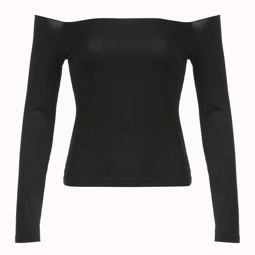 Color-Black-Off Shoulder Sexy Slim Fit Long Sleeved T shirt Slim Sexy Solid Color Short Top-Fancey Boutique