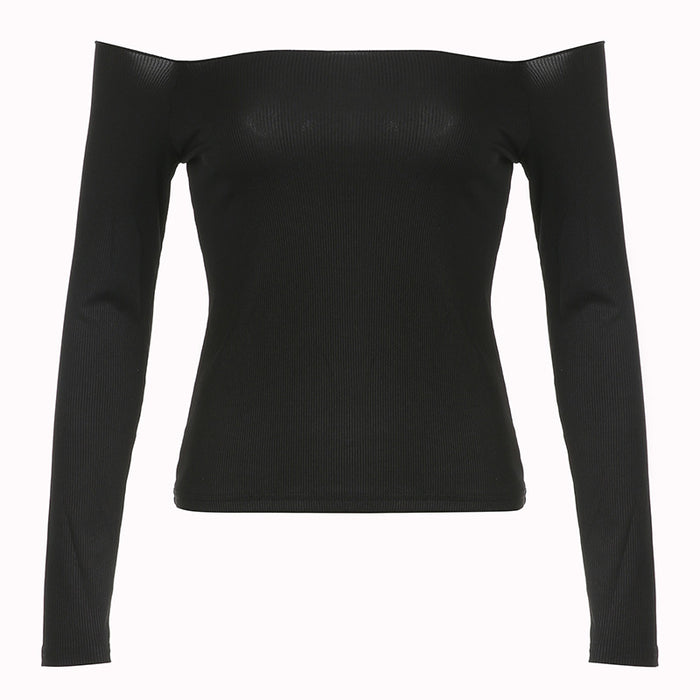 Color-Black-Off Shoulder Sexy Slim Fit Long Sleeved T shirt Slim Sexy Solid Color Short Top-Fancey Boutique