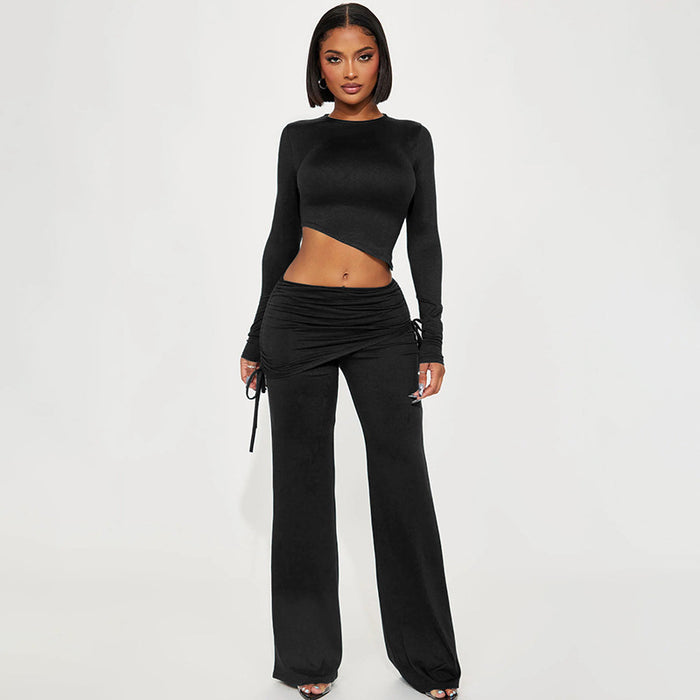 Color-Black-Basic Bevel Irregular Asymmetric Bottoming Top Drawstring Flared Culottes Casual Suit-Fancey Boutique