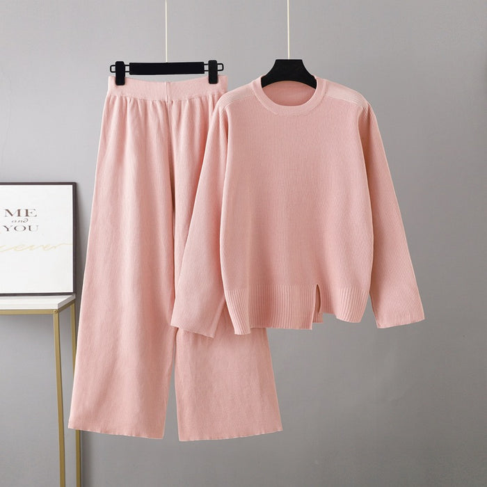 Color-Pink-Korean Sweater Suit Women Autumn Winter Loose Comfortable Knitwear Casual Wide Leg Pants two piece set-Fancey Boutique
