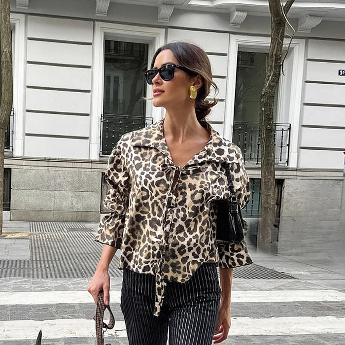 Leopard Print Classic Street Collared Tied Shirt Autumn Russian Casual Loose Shirt Women Clothing-Fancey Boutique