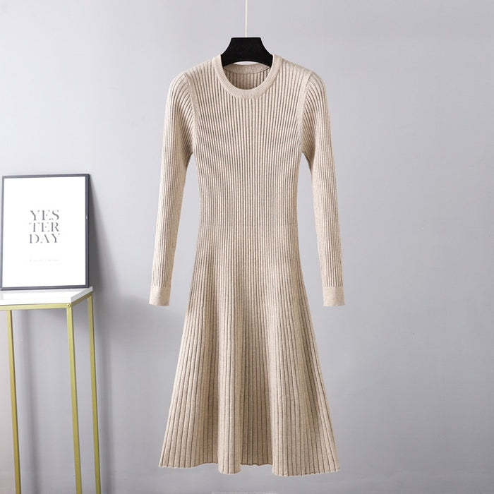 Color-Khaki-Fall Winter Slim Dress Women Mid Length Dress Round Neck Maxi Dress Solid Color Inner Wear Base Sweater Dress A line Dress-Fancey Boutique