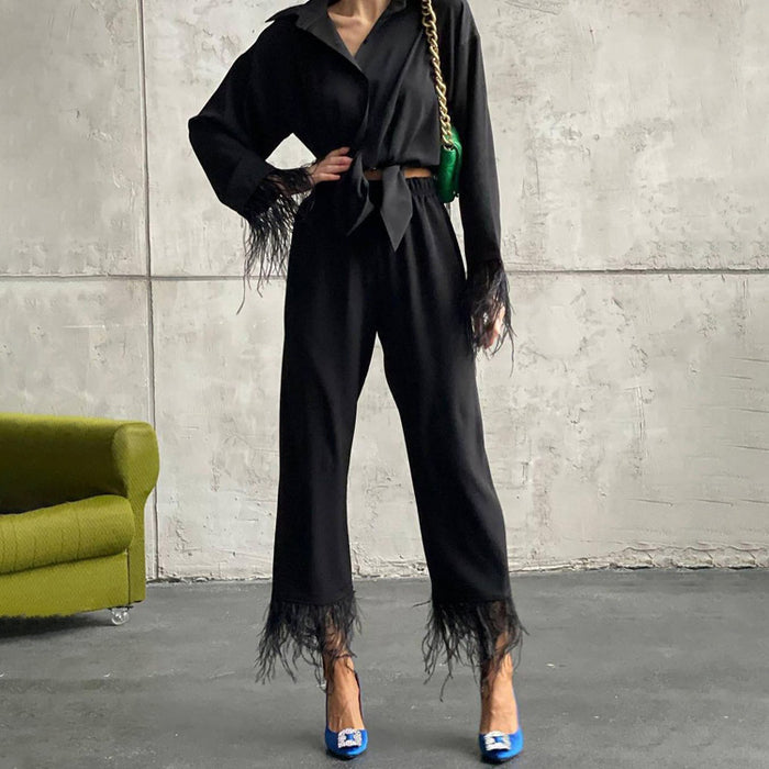 Spring Summer Special-Interest Design Long Sleeve Feather Shirt Casual Cropped Pants Suit-Fancey Boutique