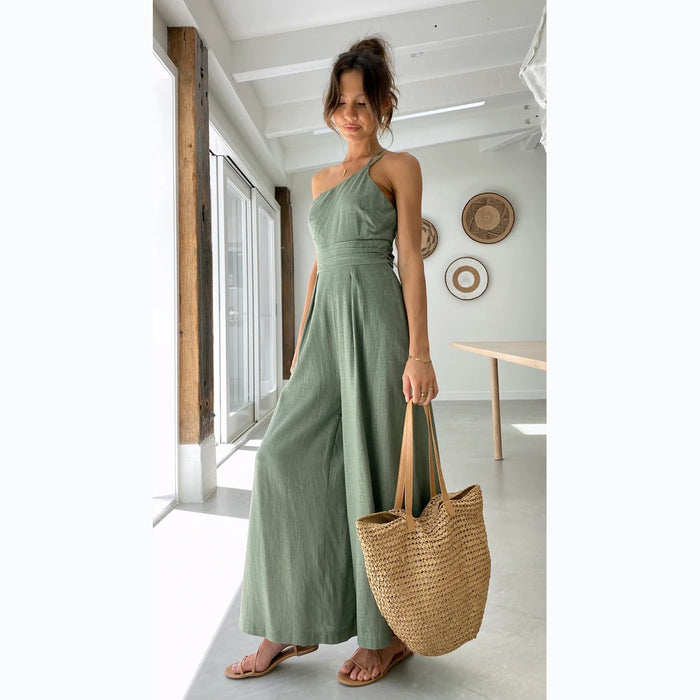 Color-Green Beans-Spring Summer Solid Color Loose Wide-Leg Cotton Linen Jumpsuit-Fancey Boutique