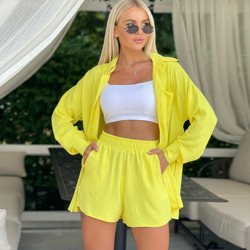 Color-Yellow-Women Long Sleeved Shirt Spring Autumn Shorts Solid Color Elastic Waist Loose Two Piece Set-Fancey Boutique