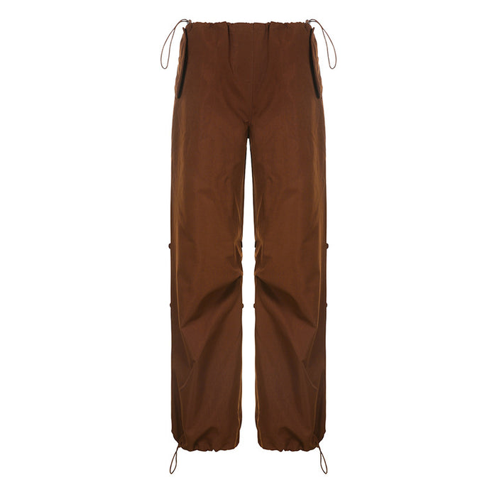 Color-Brown-Street Trendy Unique Elastic Waist Pig Nose Button Ankle Tied Loose Version Casual Working Pants-Fancey Boutique