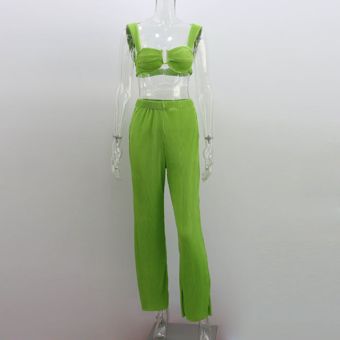 Color-Green-Women Clothing Spring Summer Two Piece Suit Pleated Sexy Backless Vest Casual Straight Pants Suit for Women-Fancey Boutique