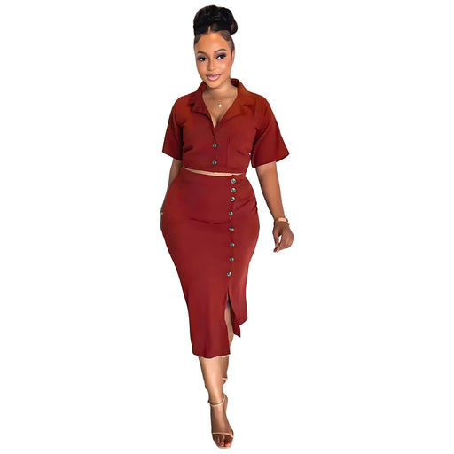 Color-Red-Polo Collar Summer Small Suit Short Sleeve Suit Split Skirt Office Women Two-Piece Suit-Fancey Boutique