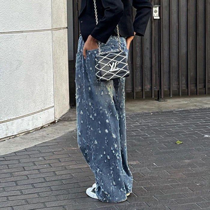 High Street Stylish Unique Distressed Crochet Worn Washed Loose Wide Leg Sexy Low Waist Casual Denim Trousers No Belt