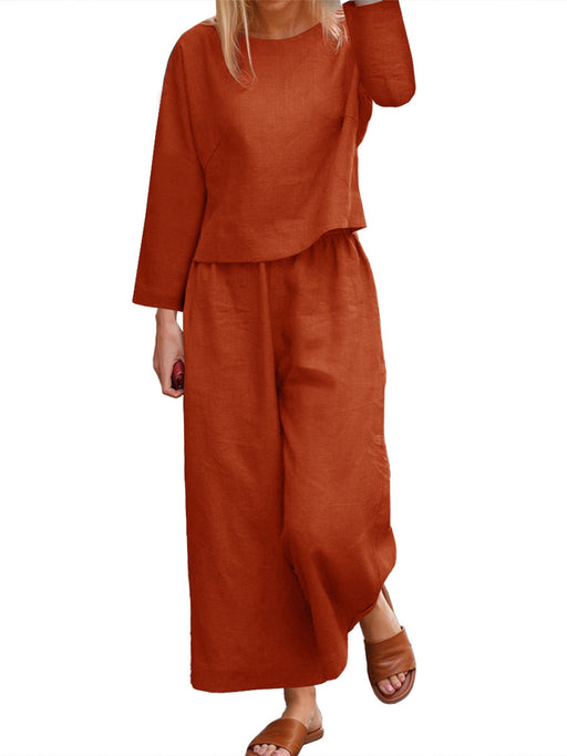 Color-Orange-Casual Loose Solid Color Shirt Long Sleeve Trousers Two Piece Set-Fancey Boutique