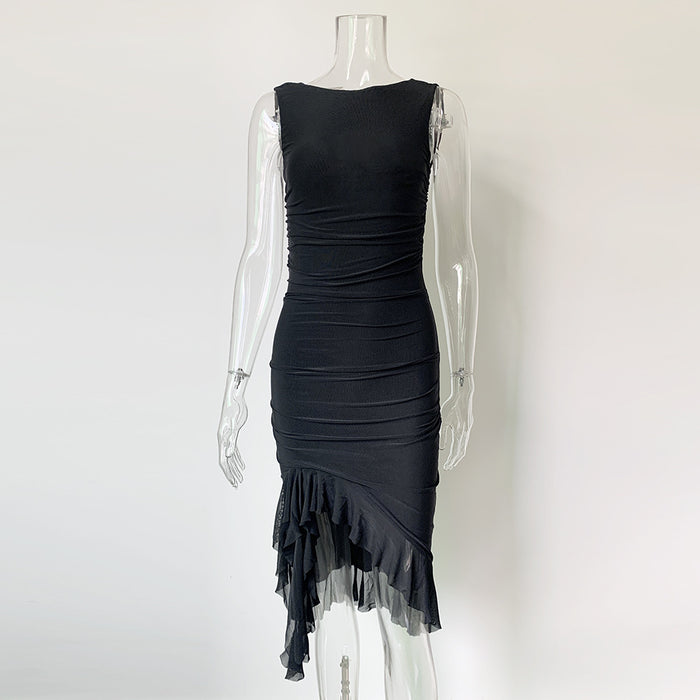 Women Clothing Mesh Pleated Ruffled Irregular Asymmetric Midi Dress Slim Backless Sleeveless Dress-Black-Fancey Boutique
