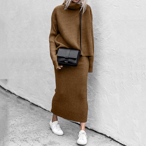 Color-Brown-Autumn Winter Casual Loose Long Skirt Two Piece Wool Suit-Fancey Boutique