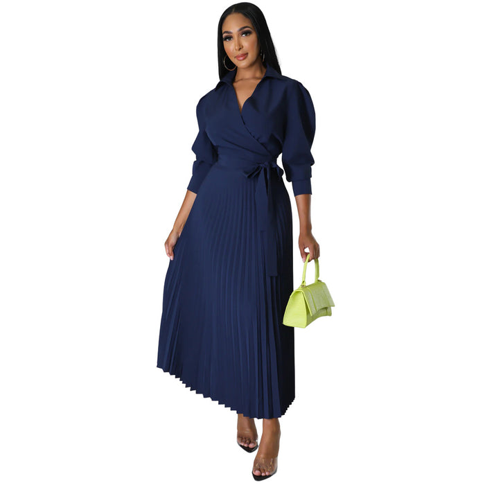Color-Blue-Spring Summer Long Sleeves Polo Collar High Waist Casual Pleated Women Clothing Dress-Fancey Boutique