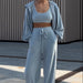 Color-Light Blue-Three Piece Suit Autumn Winter Casual Set Hooded Bishop Sleeves Top High Waist Wide Leg Pants-Fancey Boutique