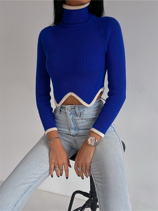 Color-Blue-Long Sleeve Turtleneck Skinny Knit Bottoming Shirt Top Women Autumn Winter Short Contrast Color Slim Fit Slimming Sweater-Fancey Boutique