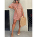 Color-Coral-Summer Shirt Collar Denim Tassel Hem Dress Short Dress-Fancey Boutique